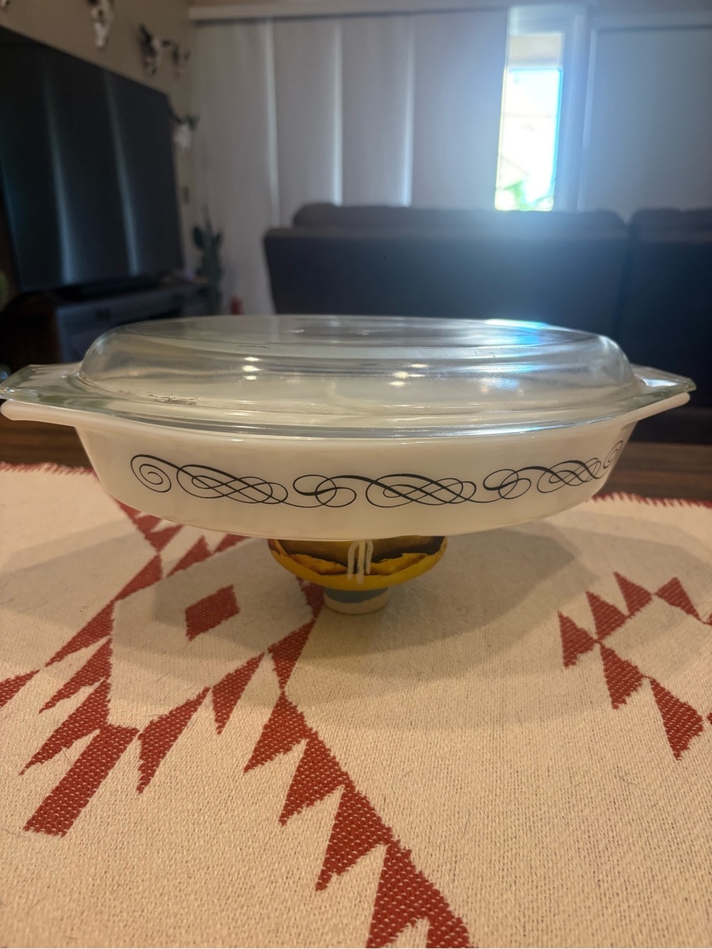 Pyrex White Casserole Dish with Black Scroll Band and Clear Lid